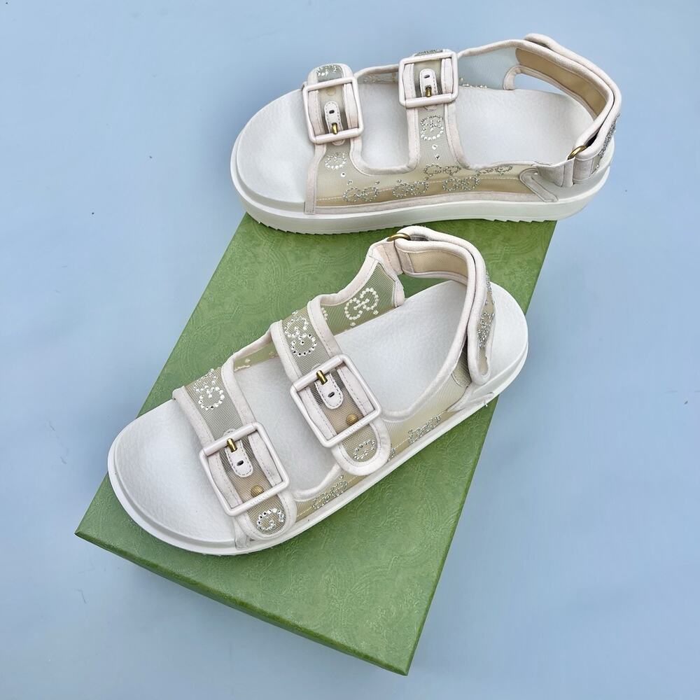 Gucci Nude Crystal Mesh Double Strap Sandals Size 38 EU